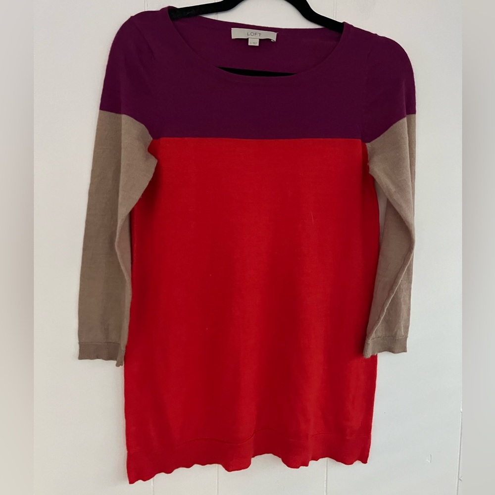 Ann Taylor LOFT Colorblock Crew Neck Wool Blend Sweater Orange Purple Size Small